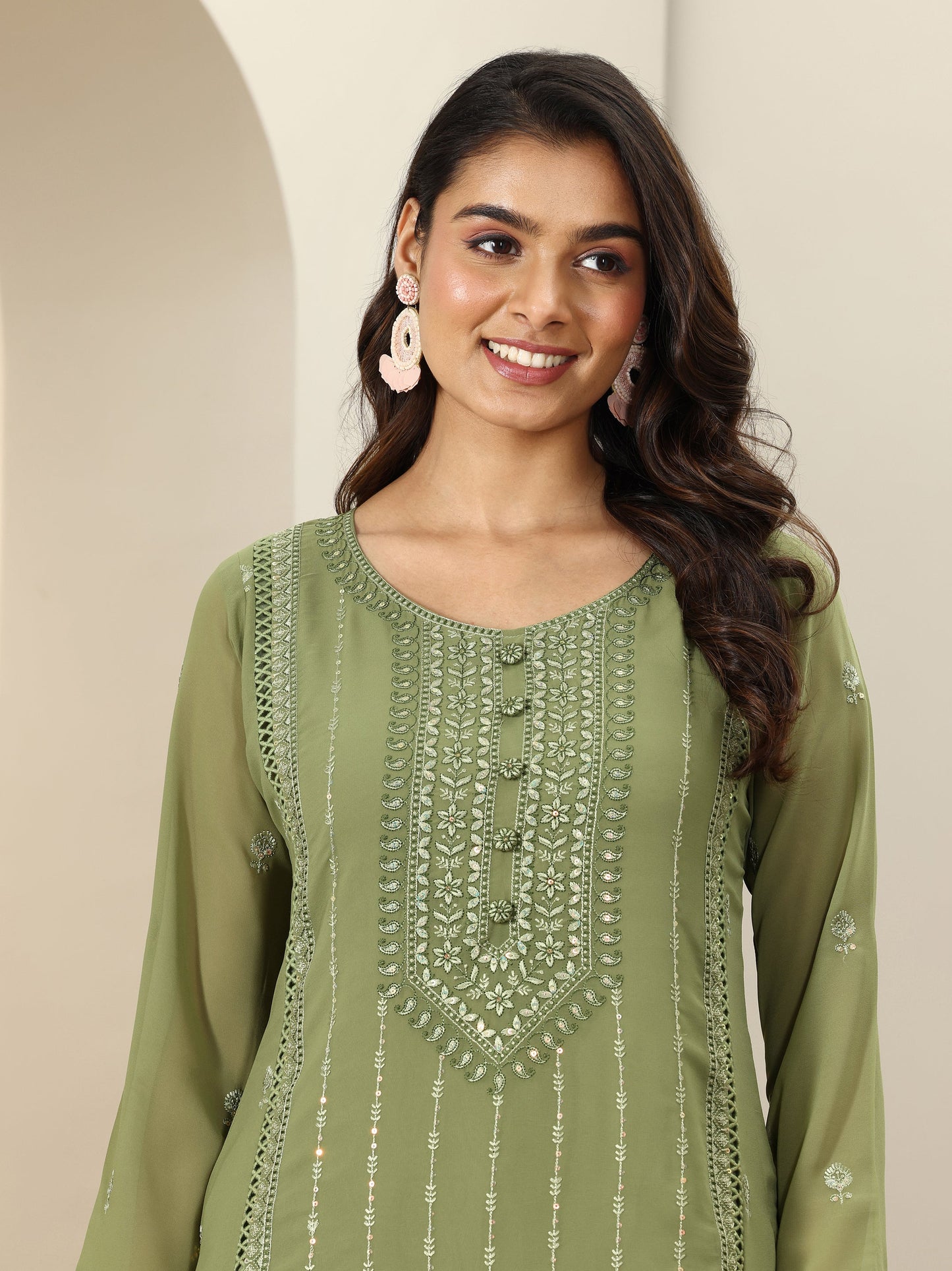 Green Embroidered Georgette Straight Suit Sets With Dupatta