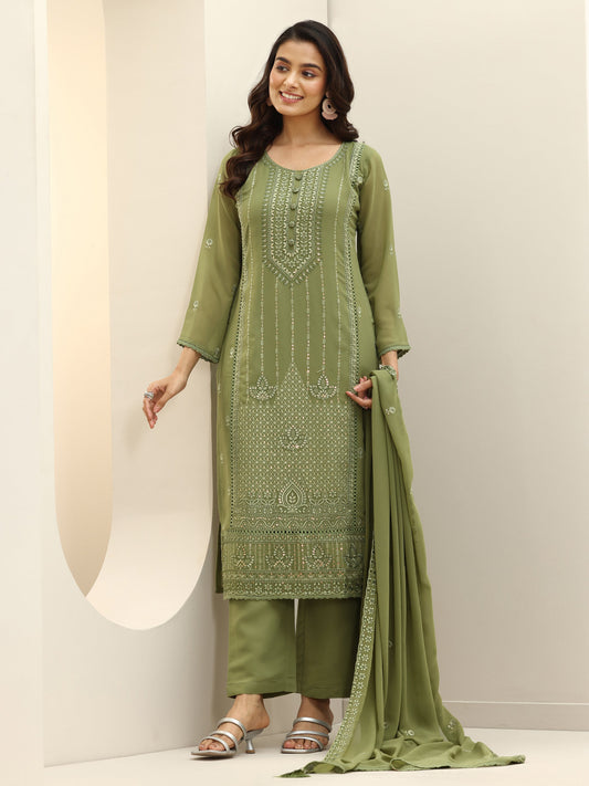 Green Embroidered Georgette Straight Suit Sets With Dupatta