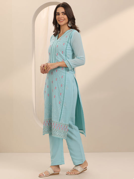 Blue Embroidered Georgette Straight Suit Set With Dupatta