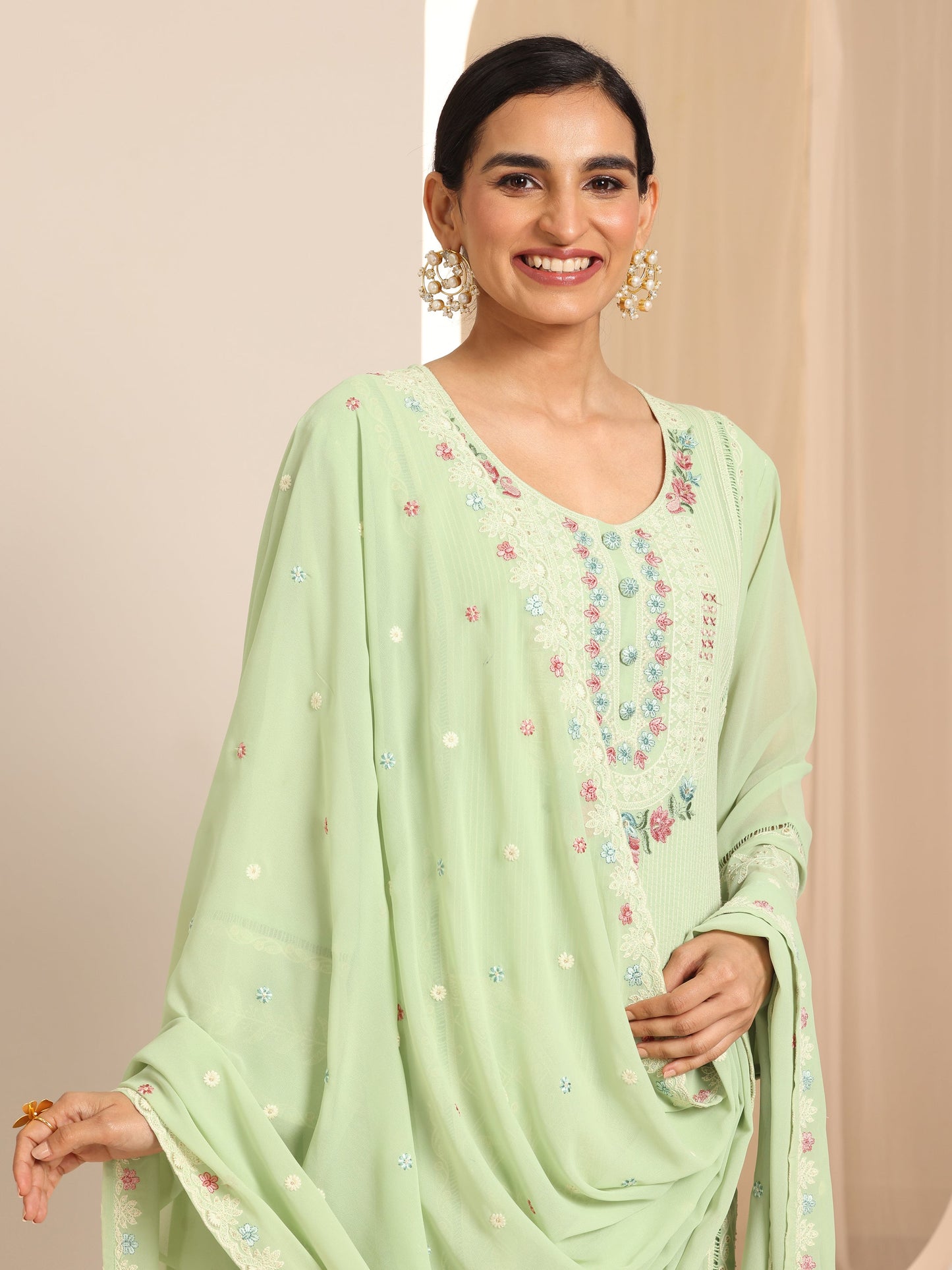 Green Embroidered Georgette Straight Suit Set With Dupatta