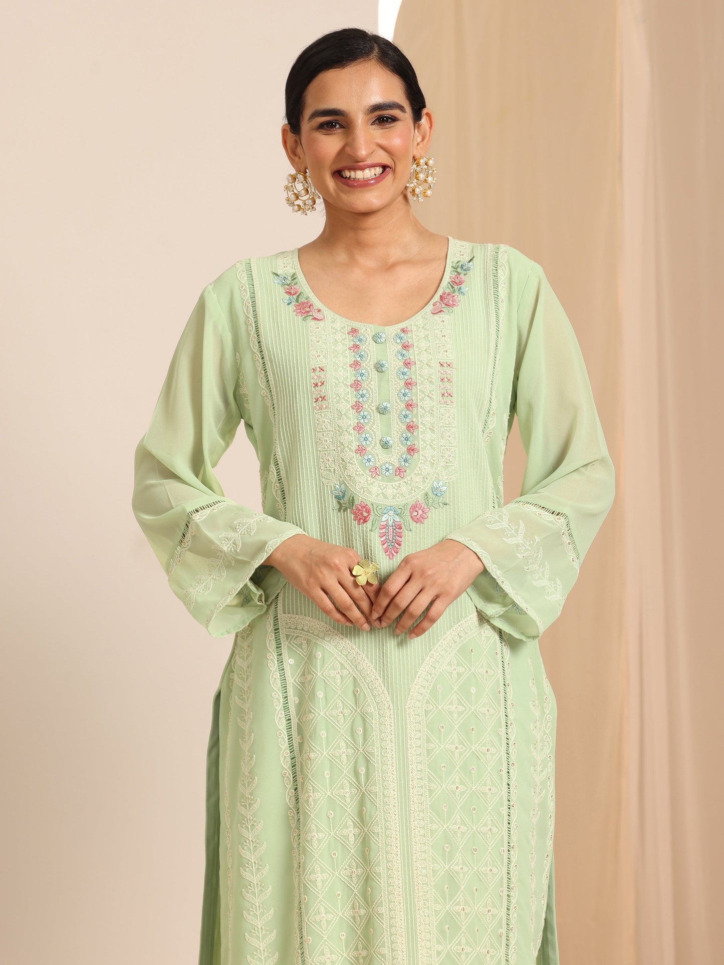 Green Embroidered Georgette Straight Suit Set With Dupatta