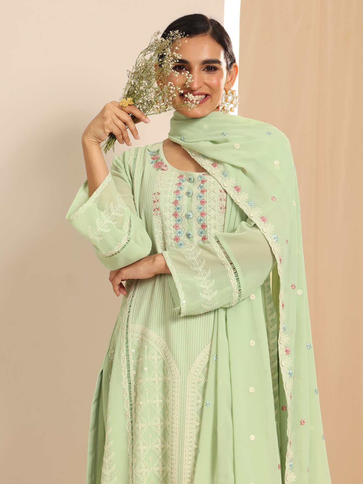 Green Embroidered Georgette Straight Suit Set With Dupatta