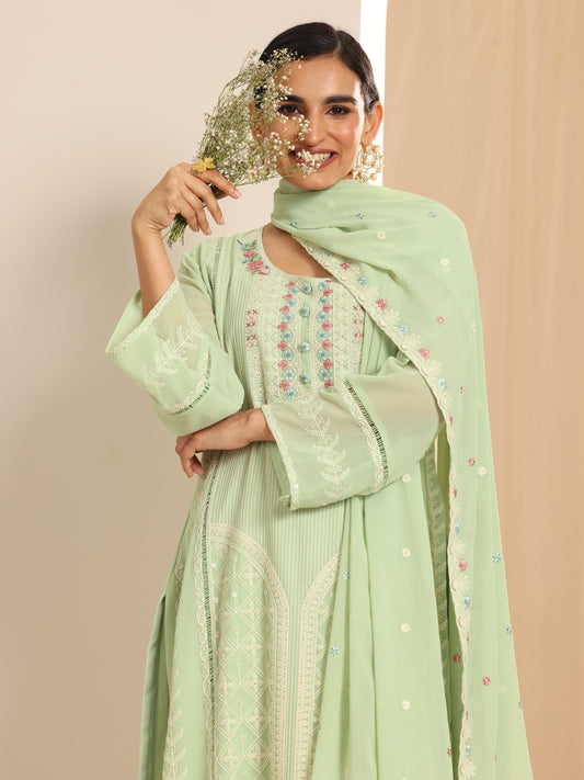 Green Embroidered Georgette Straight Suit Set With Dupatta