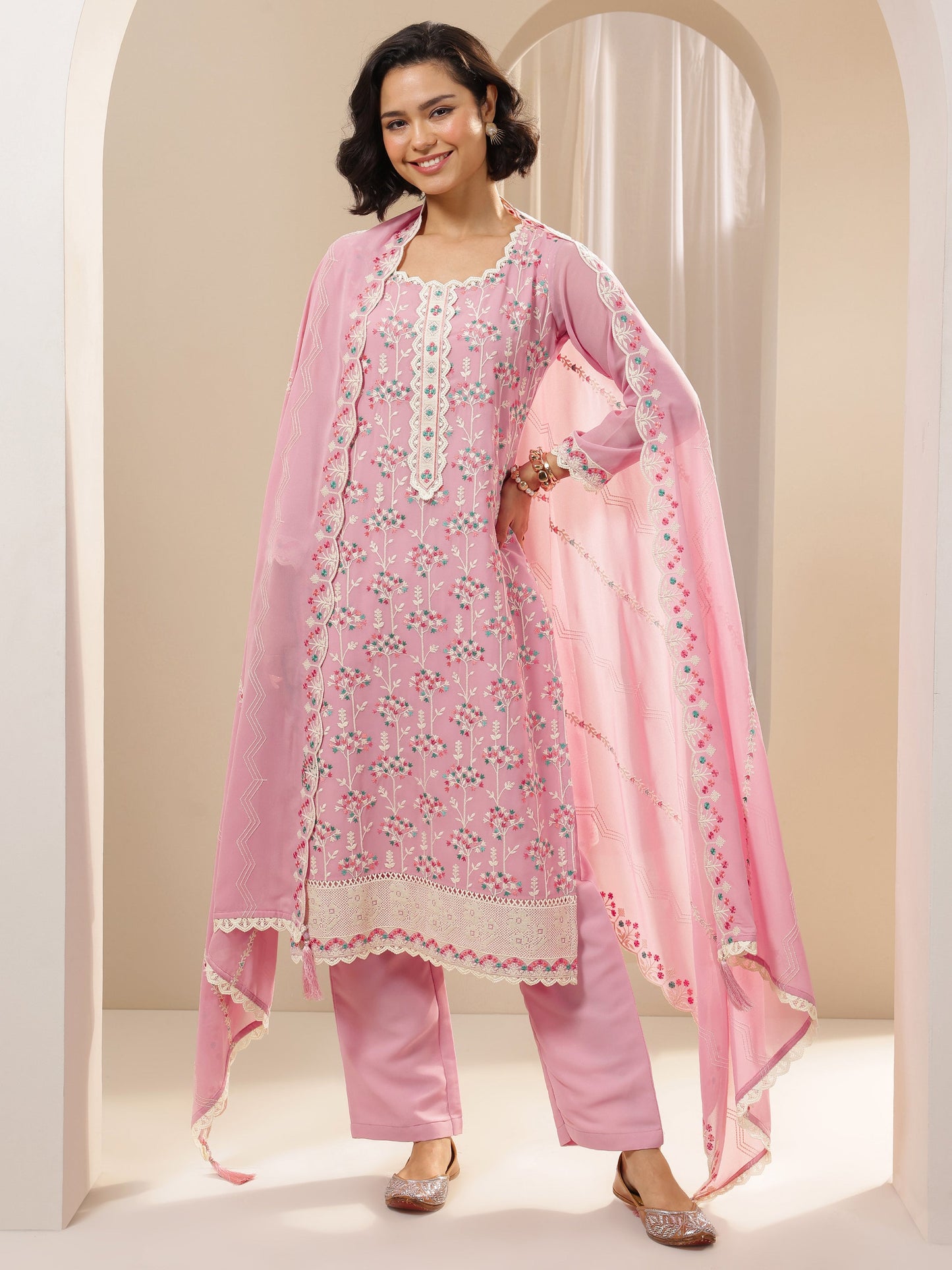 Pink Embroidered Georgette Straight Suit Sets With Dupatta