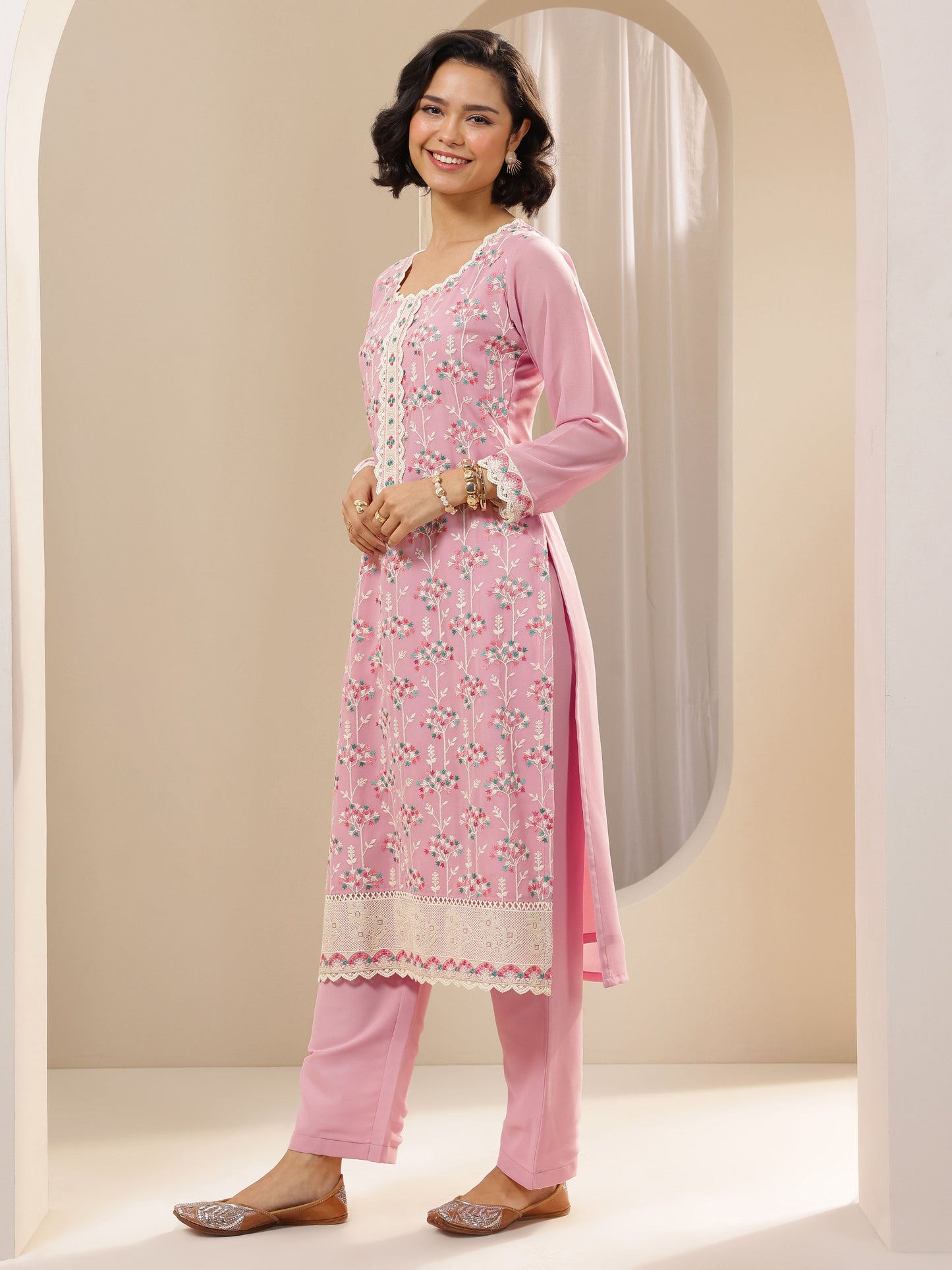 Pink Embroidered Georgette Straight Suit Sets With Dupatta