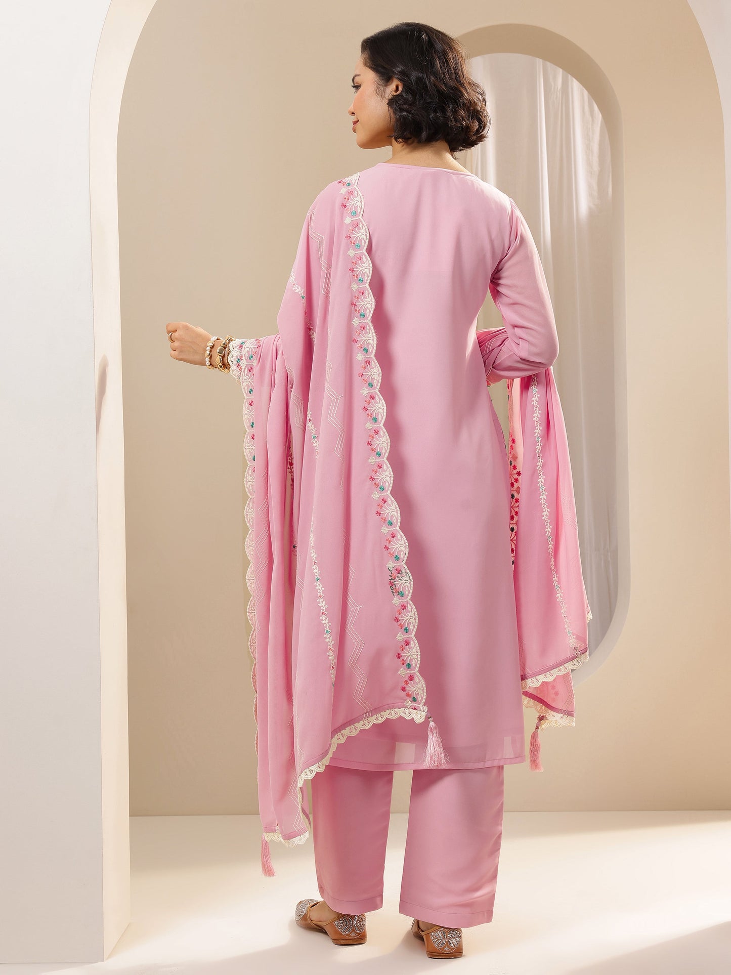 Pink Embroidered Georgette Straight Suit Sets With Dupatta