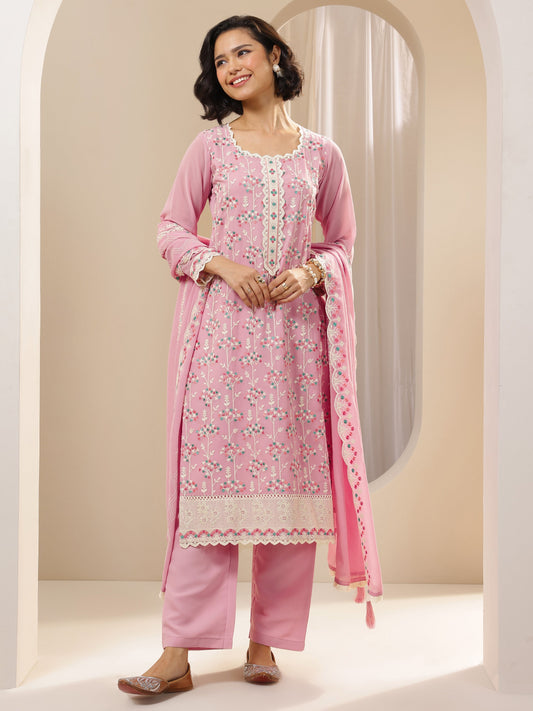 Pink Embroidered Georgette Straight Suit Sets With Dupatta
