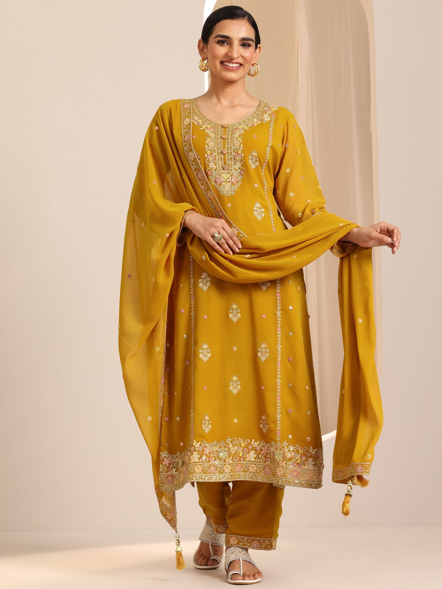 Mustard Embroidered Georgette Straight Suit Set With Dupatta