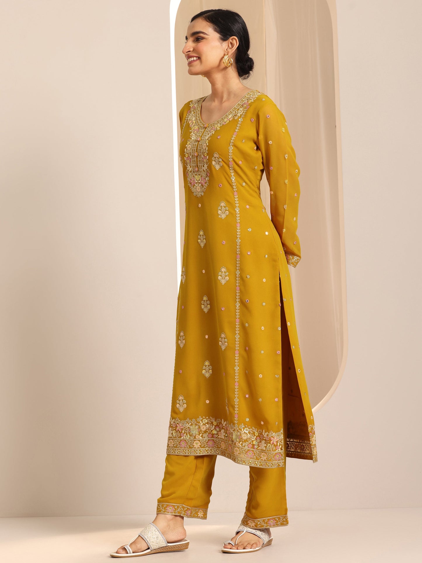 Mustard Embroidered Georgette Straight Suit Set With Dupatta
