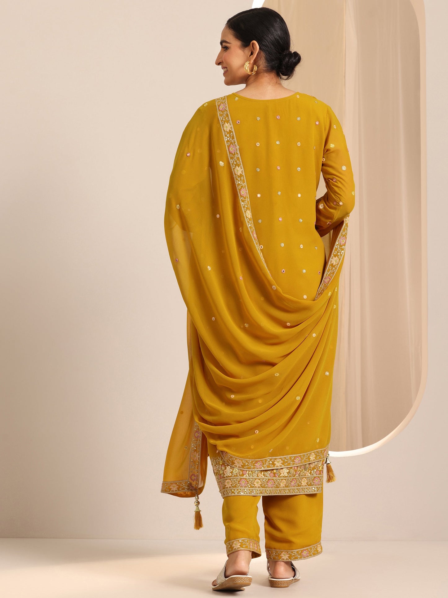 Mustard Embroidered Georgette Straight Suit Set With Dupatta