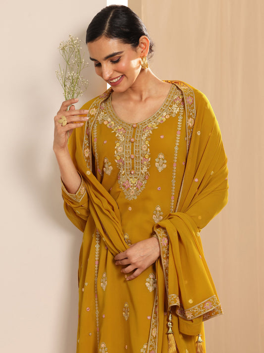 Mustard Embroidered Georgette Straight Suit Set With Dupatta