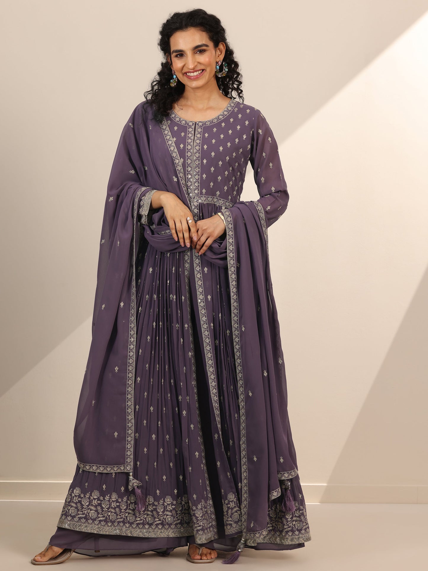 Libas Art Lilac Embroidered Georgette A-Line Suit Set With Dupatta