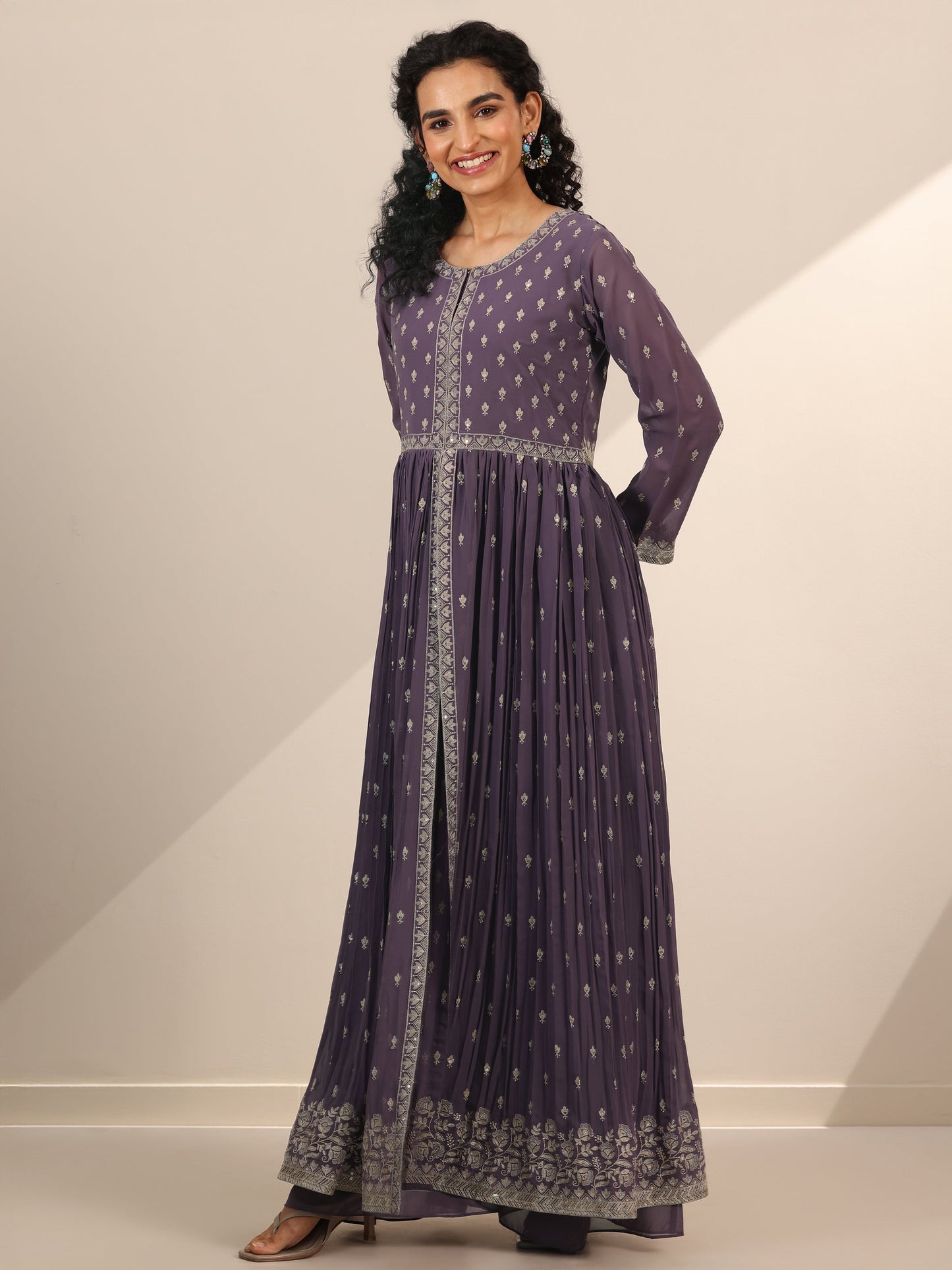 Libas Art Lilac Embroidered Georgette A-Line Suit Set With Dupatta