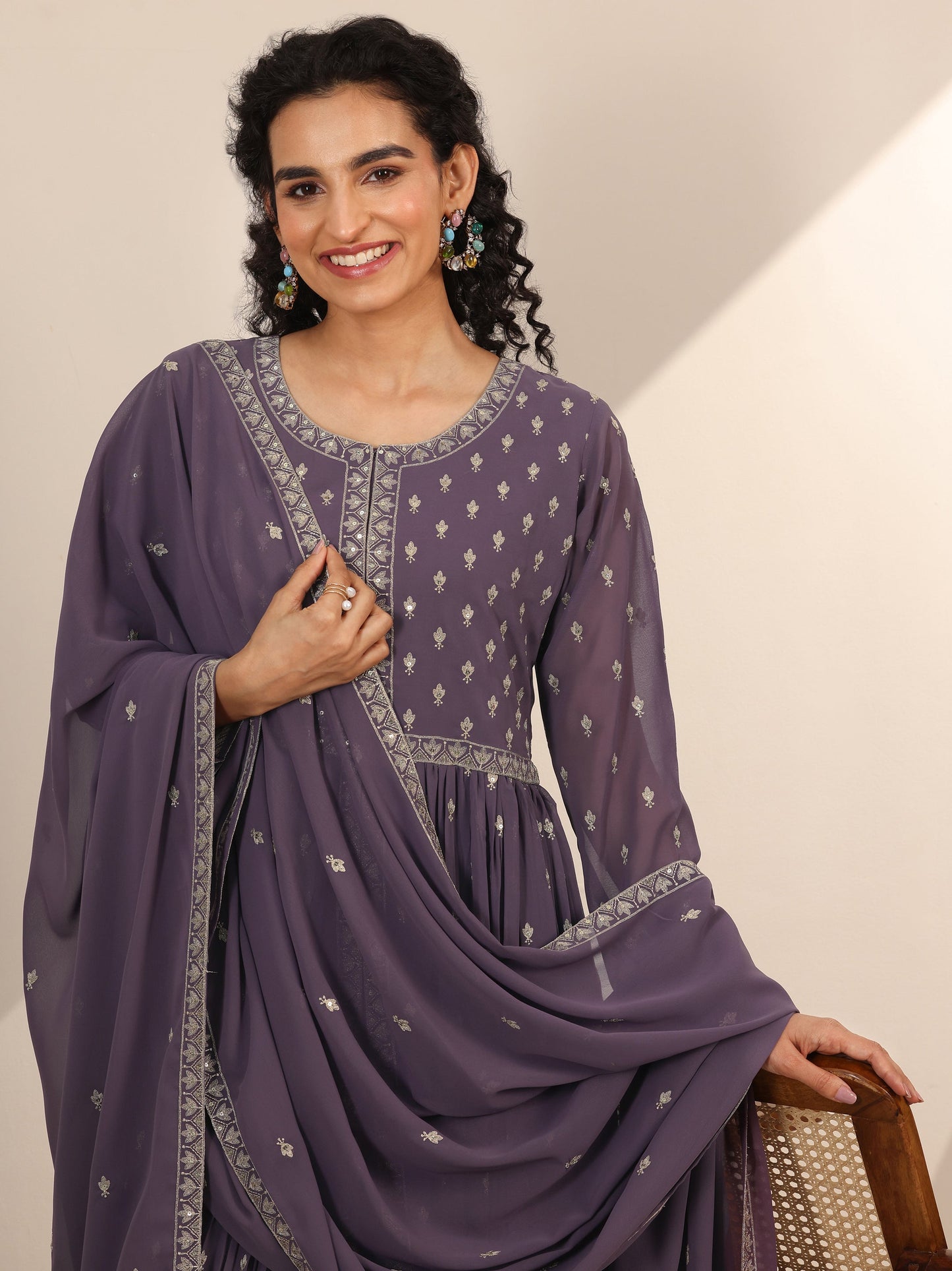Libas Art Lilac Embroidered Georgette A-Line Suit Set With Dupatta