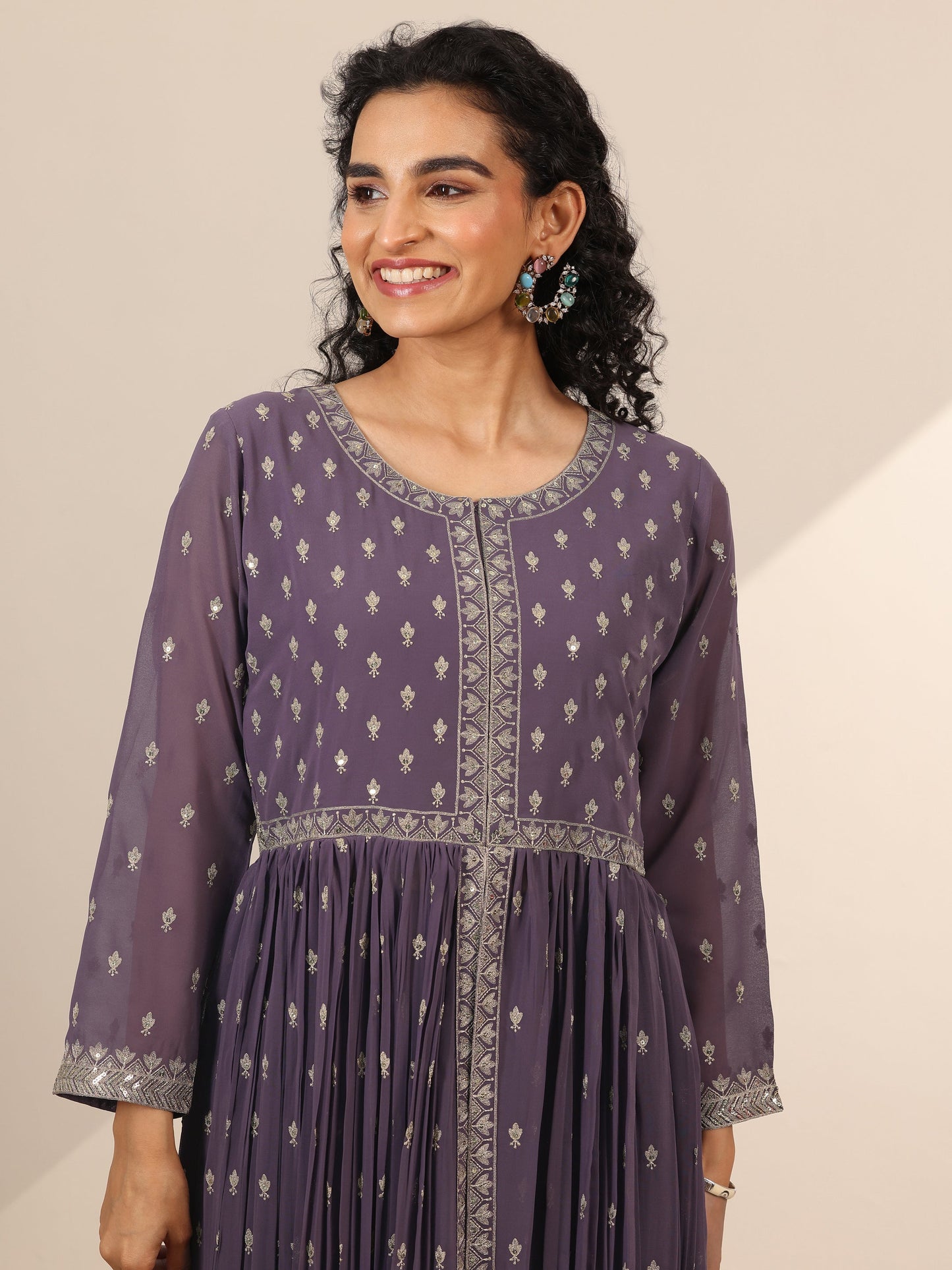 Libas Art Lilac Embroidered Georgette A-Line Suit Set With Dupatta