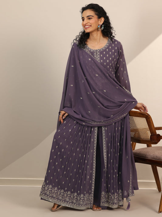 Libas Art Lilac Embroidered Georgette A-Line Suit Set With Dupatta