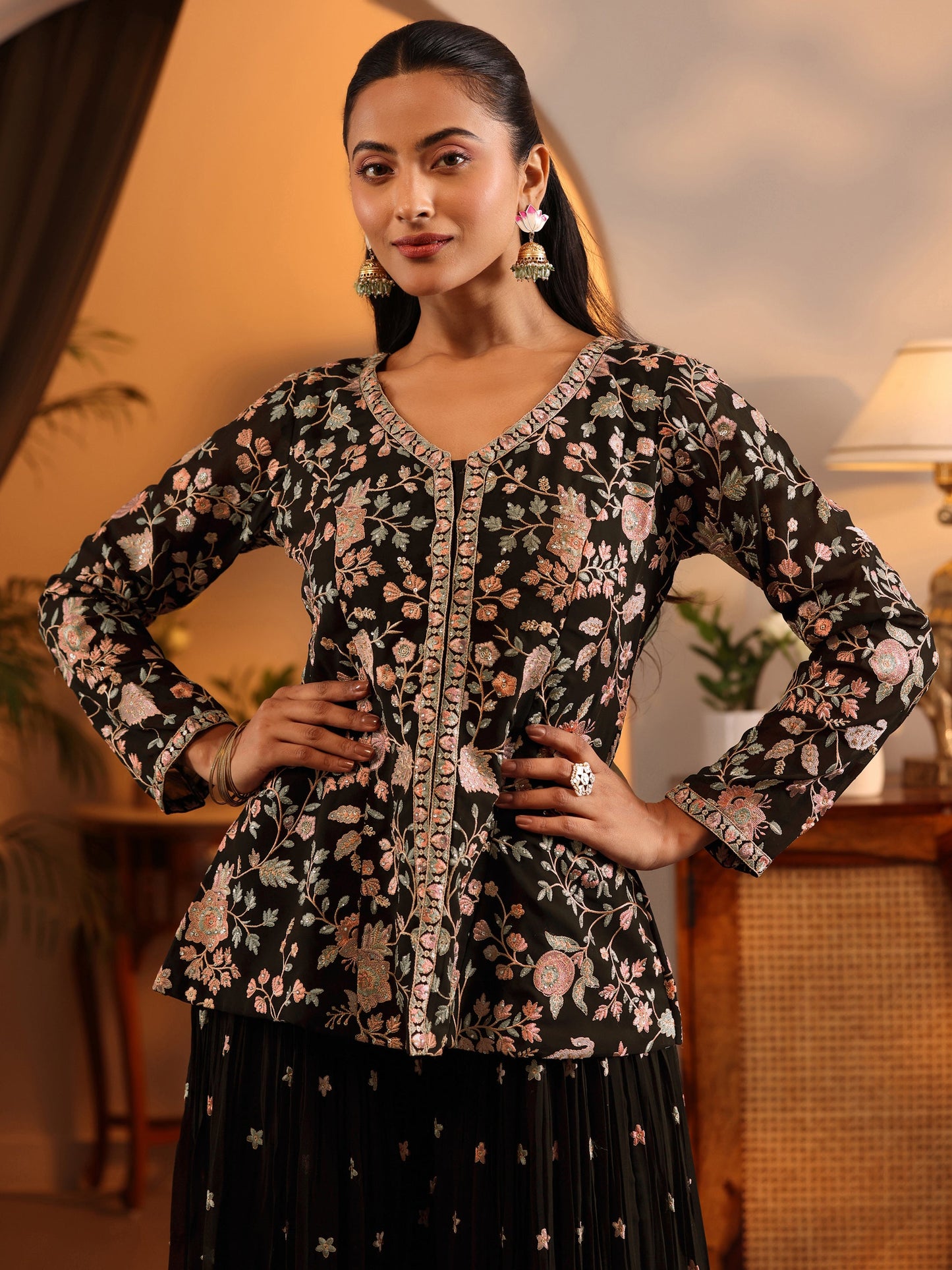 Libas Art Black Embroidered Georgette A-Line Suit Set With Dupatta