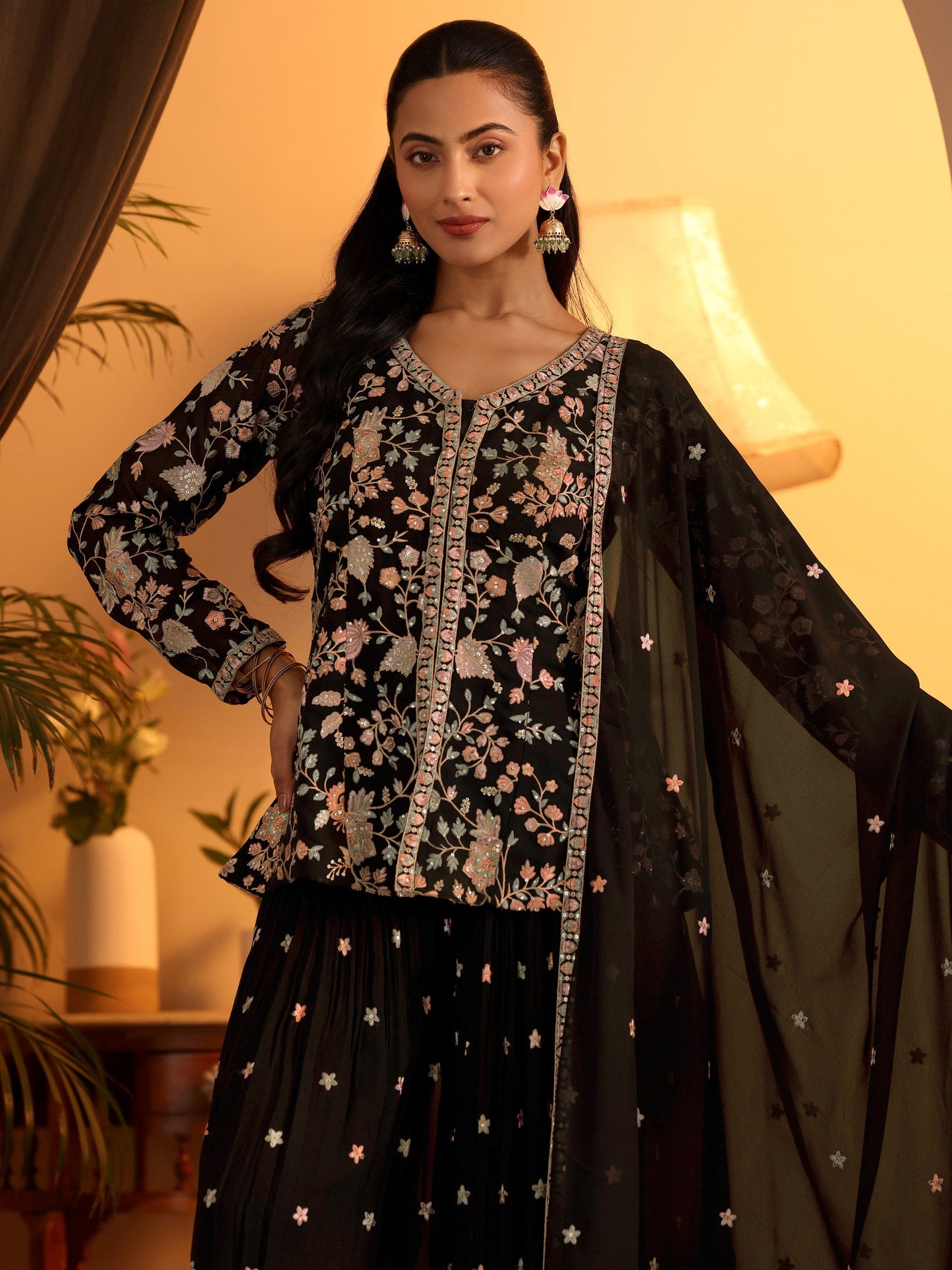 Libas Art Black Embroidered Georgette A-Line Suit Set With Dupatta