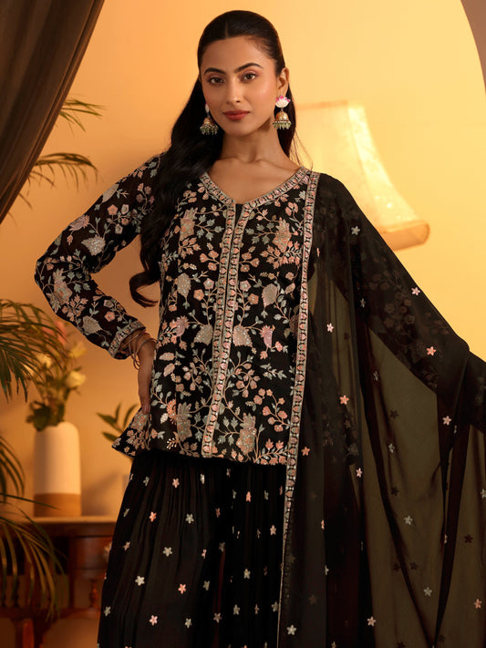 Libas Art Black Embroidered Georgette A-Line Suit Set With Dupatta