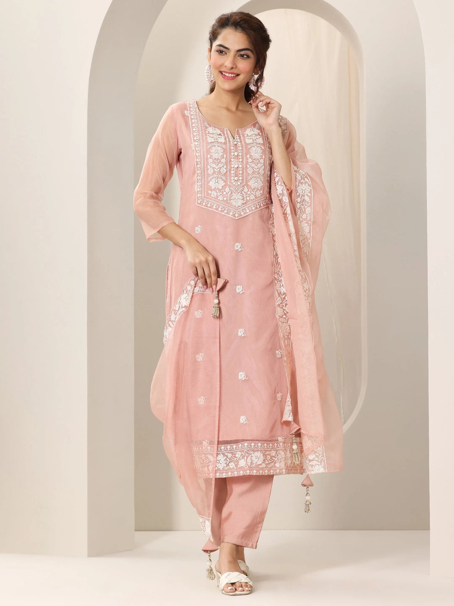 Peach Embroidered Organza Straight Suit Set With Dupatta