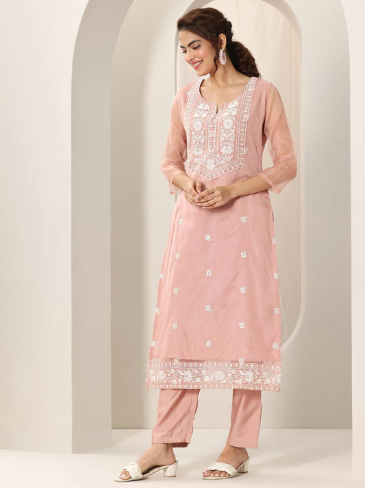Peach Embroidered Organza Straight Suit Set With Dupatta