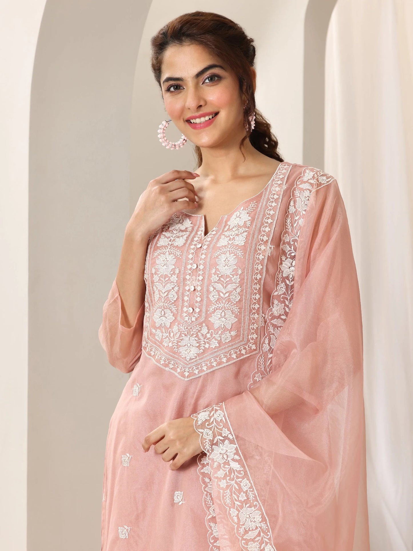 Peach Embroidered Organza Straight Suit Set With Dupatta