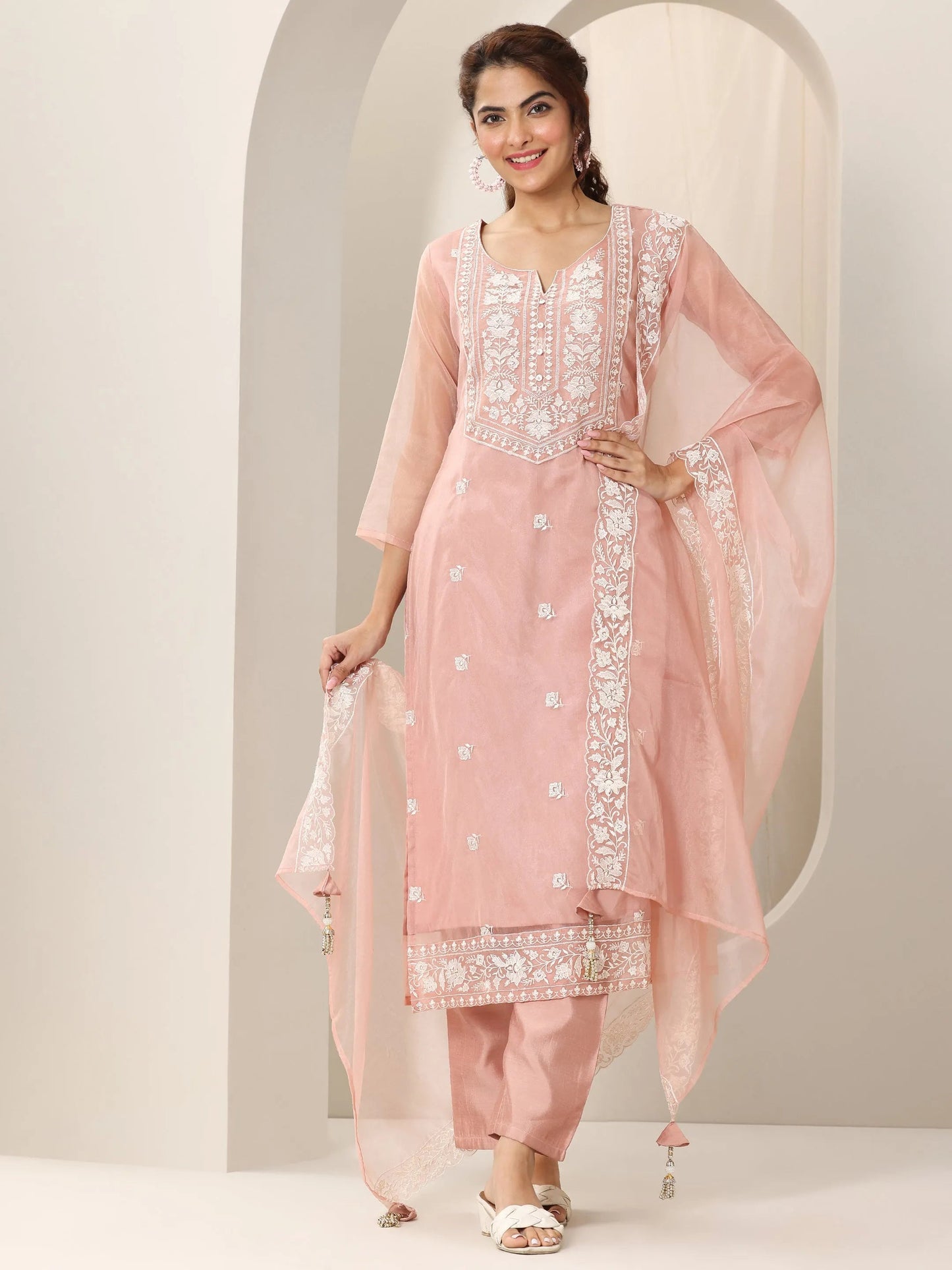 Peach Embroidered Organza Straight Suit Set With Dupatta