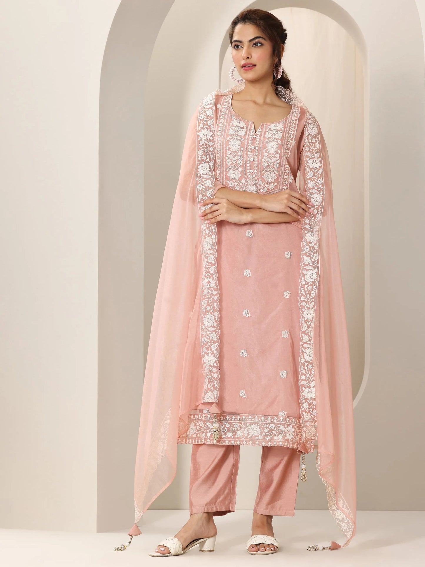 Peach Embroidered Organza Straight Suit Set With Dupatta