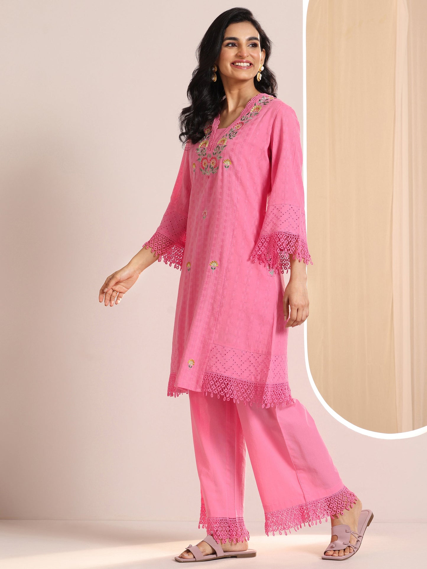 Pink Embroidered Cotton Straight Suit Set With Dupatta