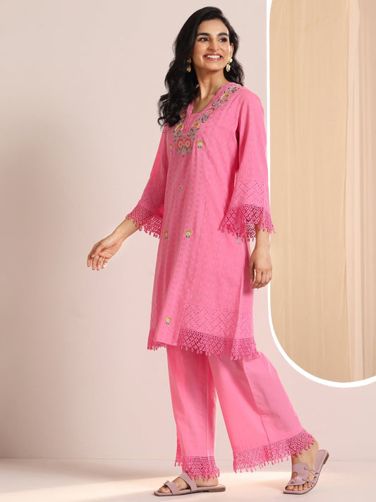 Pink Embroidered Cotton Straight Suit Set With Dupatta
