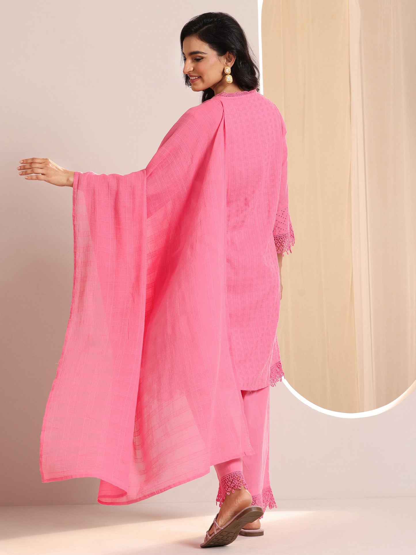 Pink Embroidered Cotton Straight Suit Set With Dupatta
