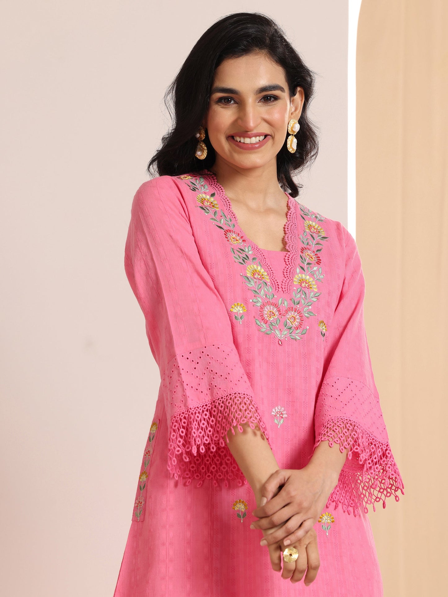 Pink Embroidered Cotton Straight Suit Set With Dupatta