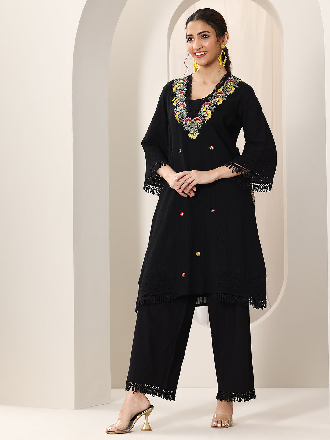 Black Embroidered Cotton Straight Suit Set With Dupatta