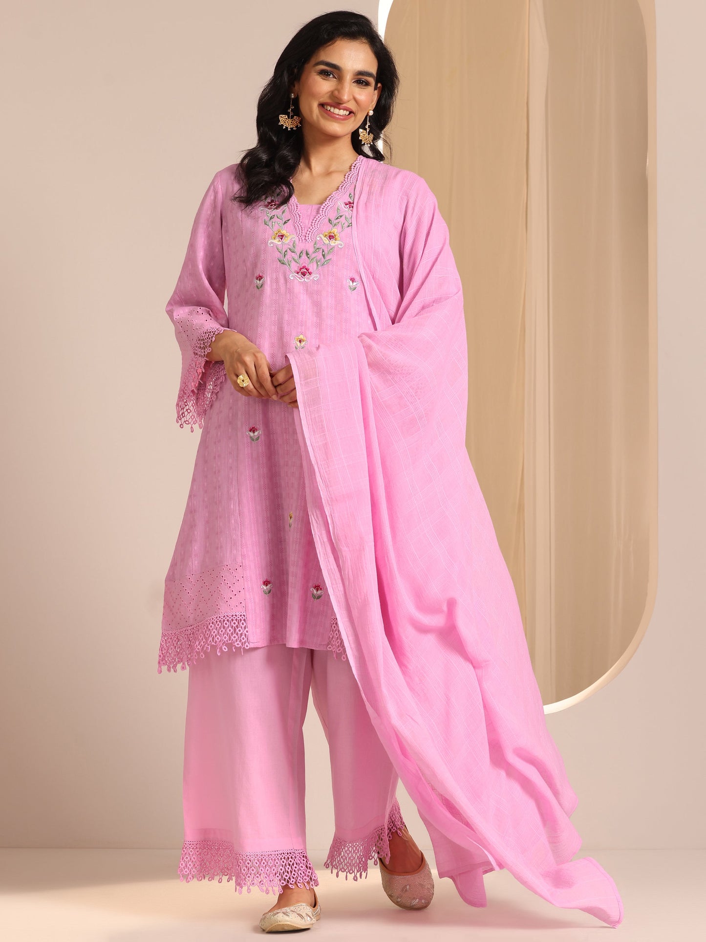 Lavender Embroidered Cotton Straight Suit Set With Dupatta