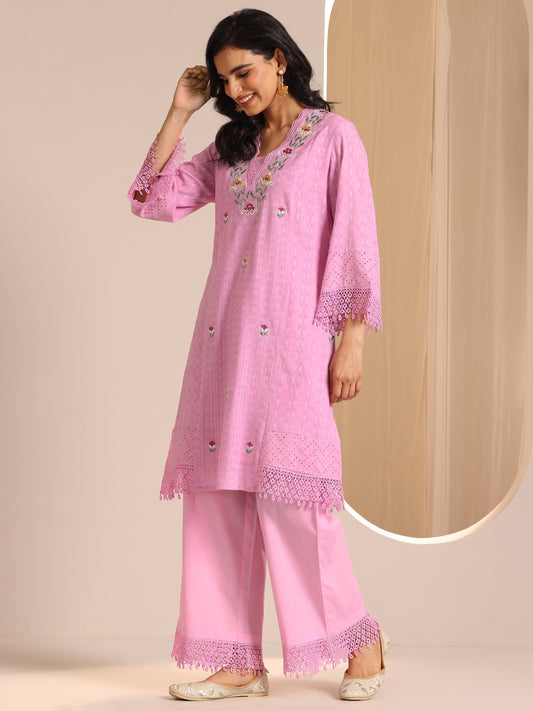 Lavender Embroidered Cotton Straight Suit Set With Dupatta