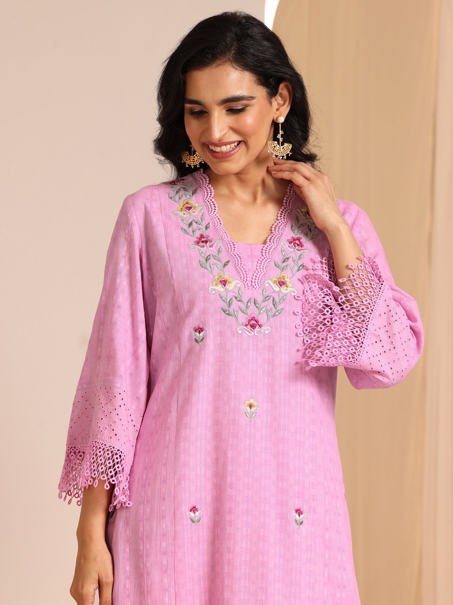 Lavender Embroidered Cotton Straight Suit Set With Dupatta