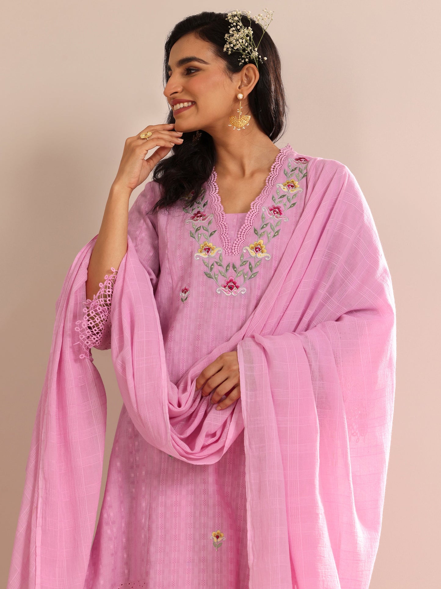 Lavender Embroidered Cotton Straight Suit Set With Dupatta