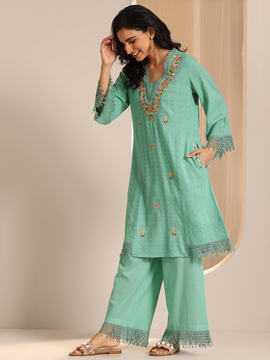 Green Embroidered Cotton Straight Suit Set With Dupatta