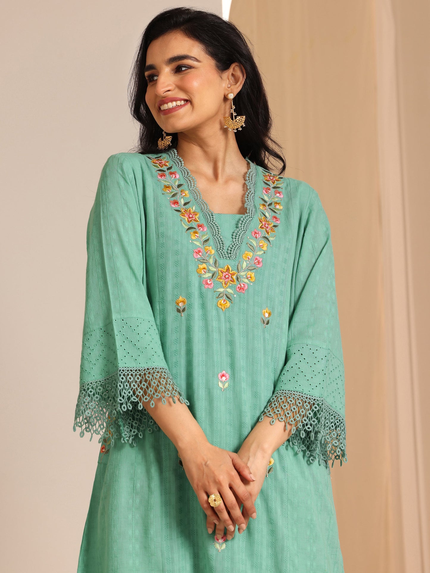 Green Embroidered Cotton Straight Suit Set With Dupatta