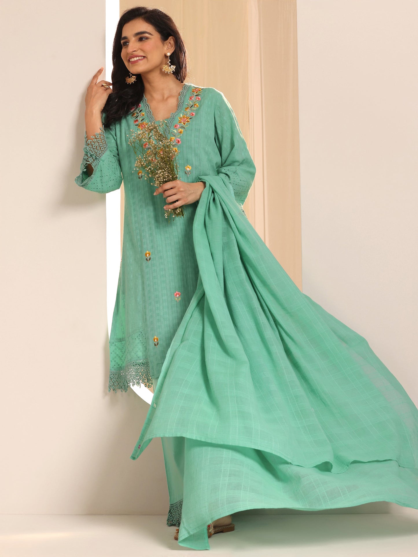 Green Embroidered Cotton Straight Suit Set With Dupatta
