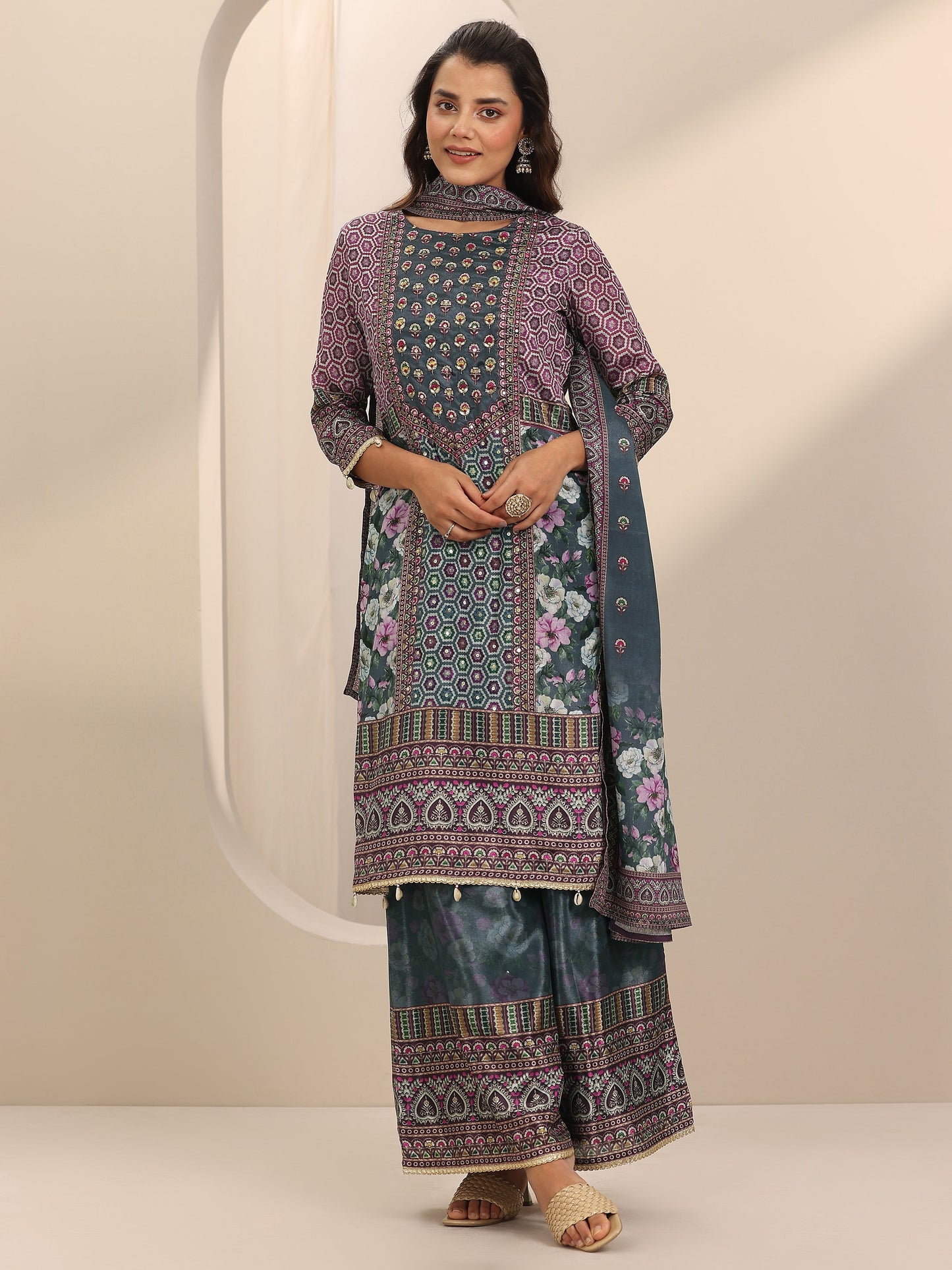 Grey Printed Chinon Straight Suit Set With Dupatta