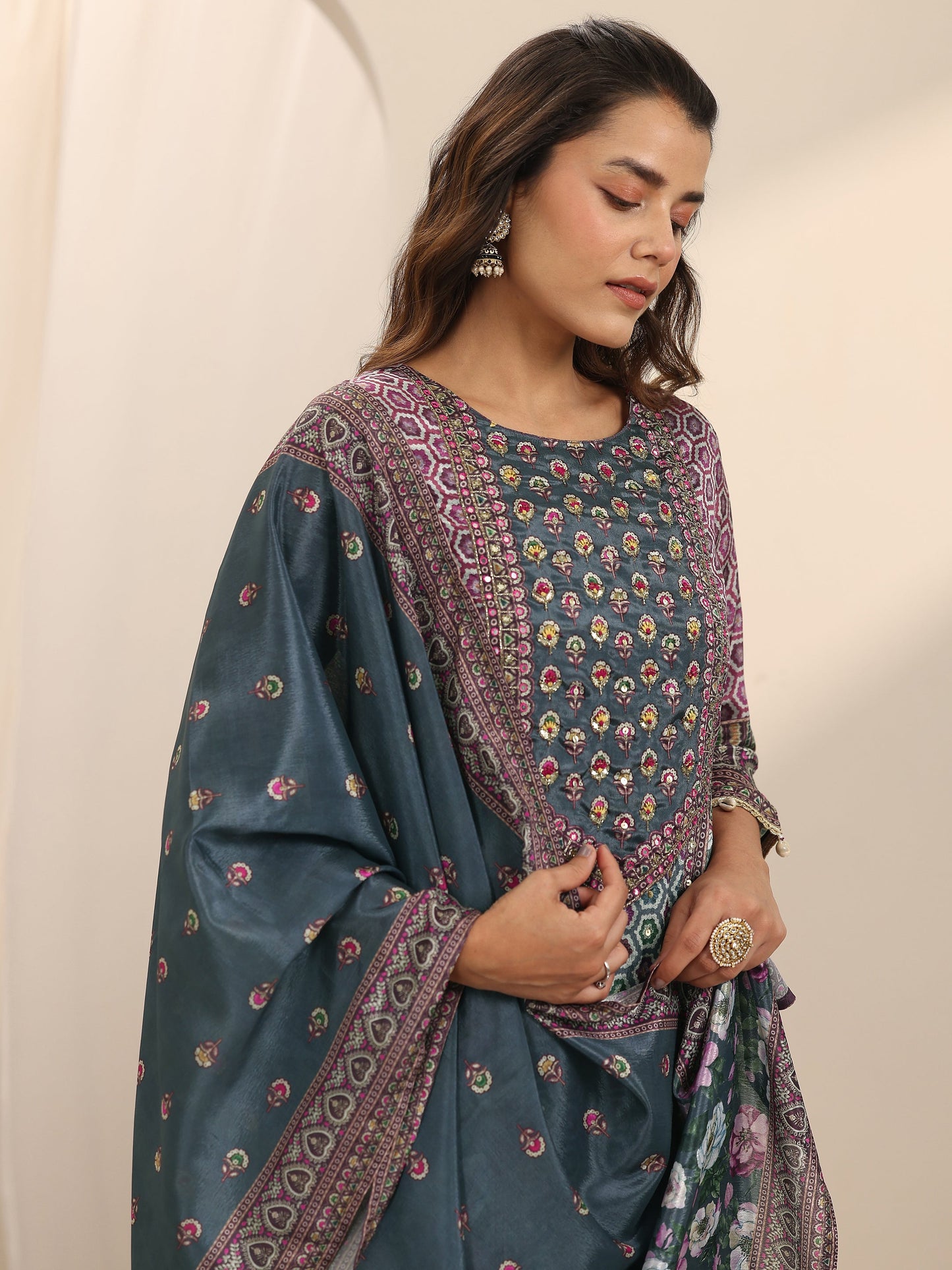 Grey Printed Chinon Straight Suit Set With Dupatta