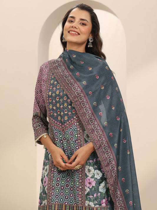 Grey Printed Chinon Straight Suit Set With Dupatta