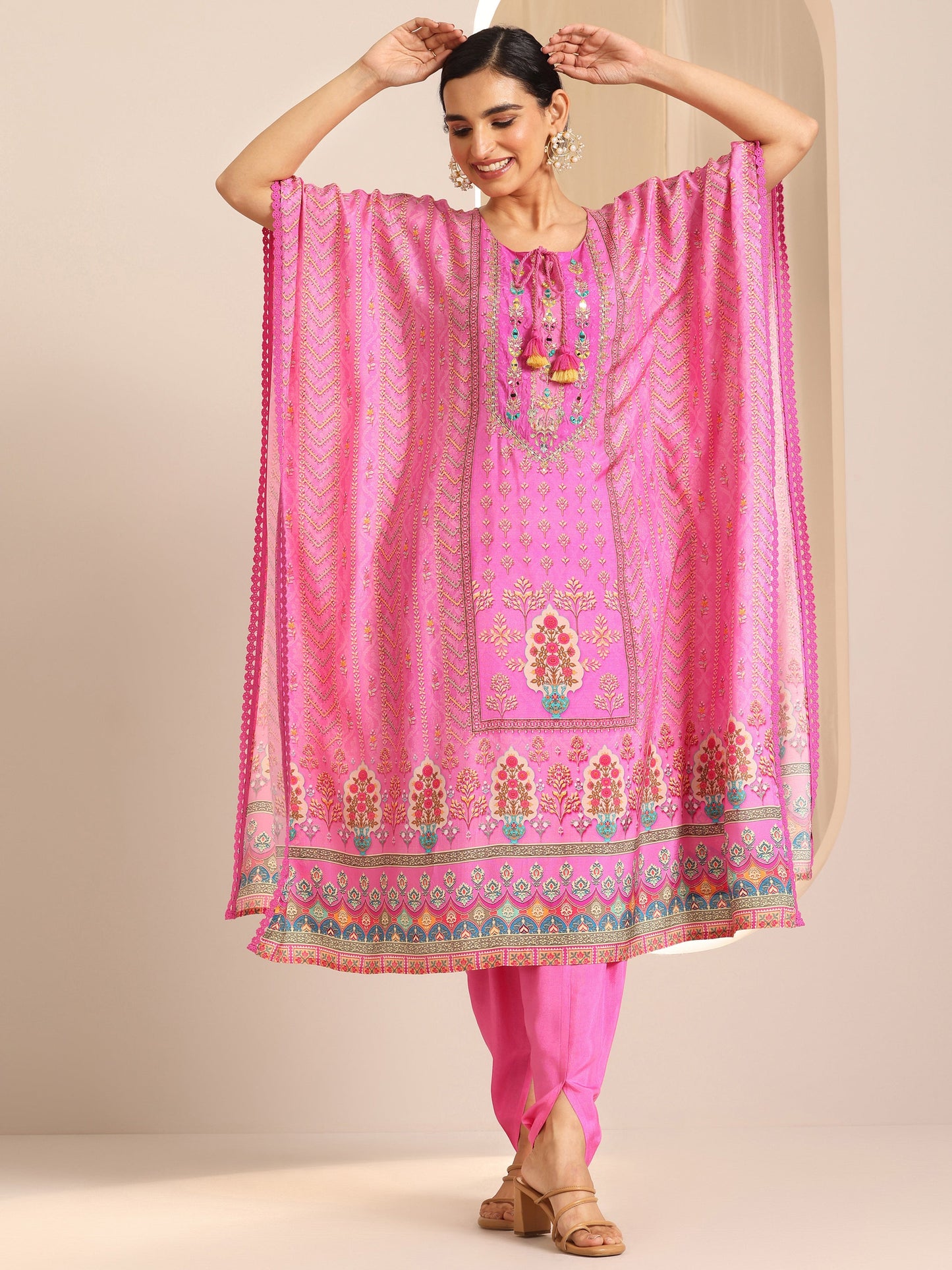 Pink Printed Muslin A-Line Kurta Set