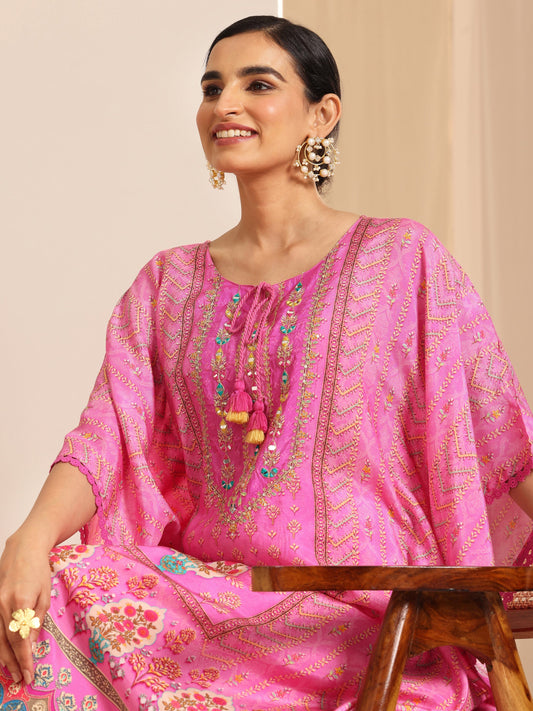 Pink Printed Muslin A-Line Kurta Set