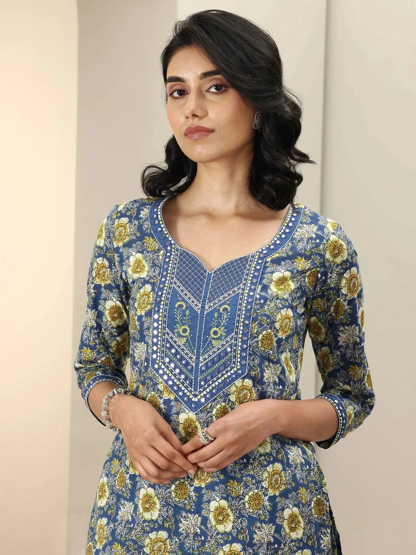 Blue Printed Cotton Straight Suit Sets With Dupatta