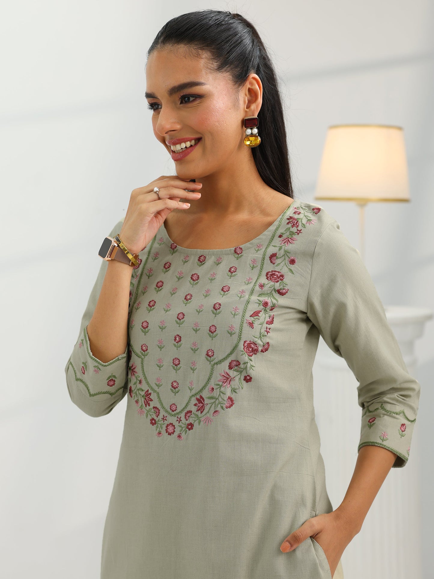 Beige Yoke Design Cotton Straight Suit Set With Dupatta