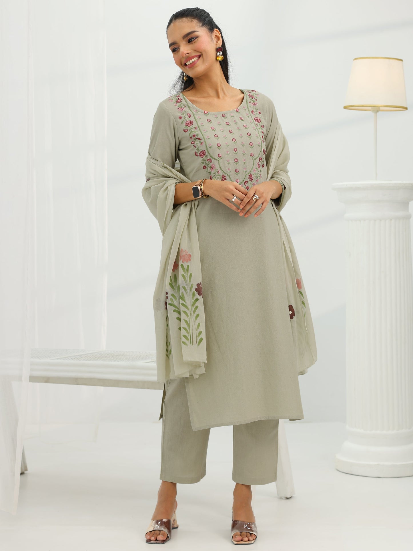 Beige Yoke Design Cotton Straight Suit Set With Dupatta