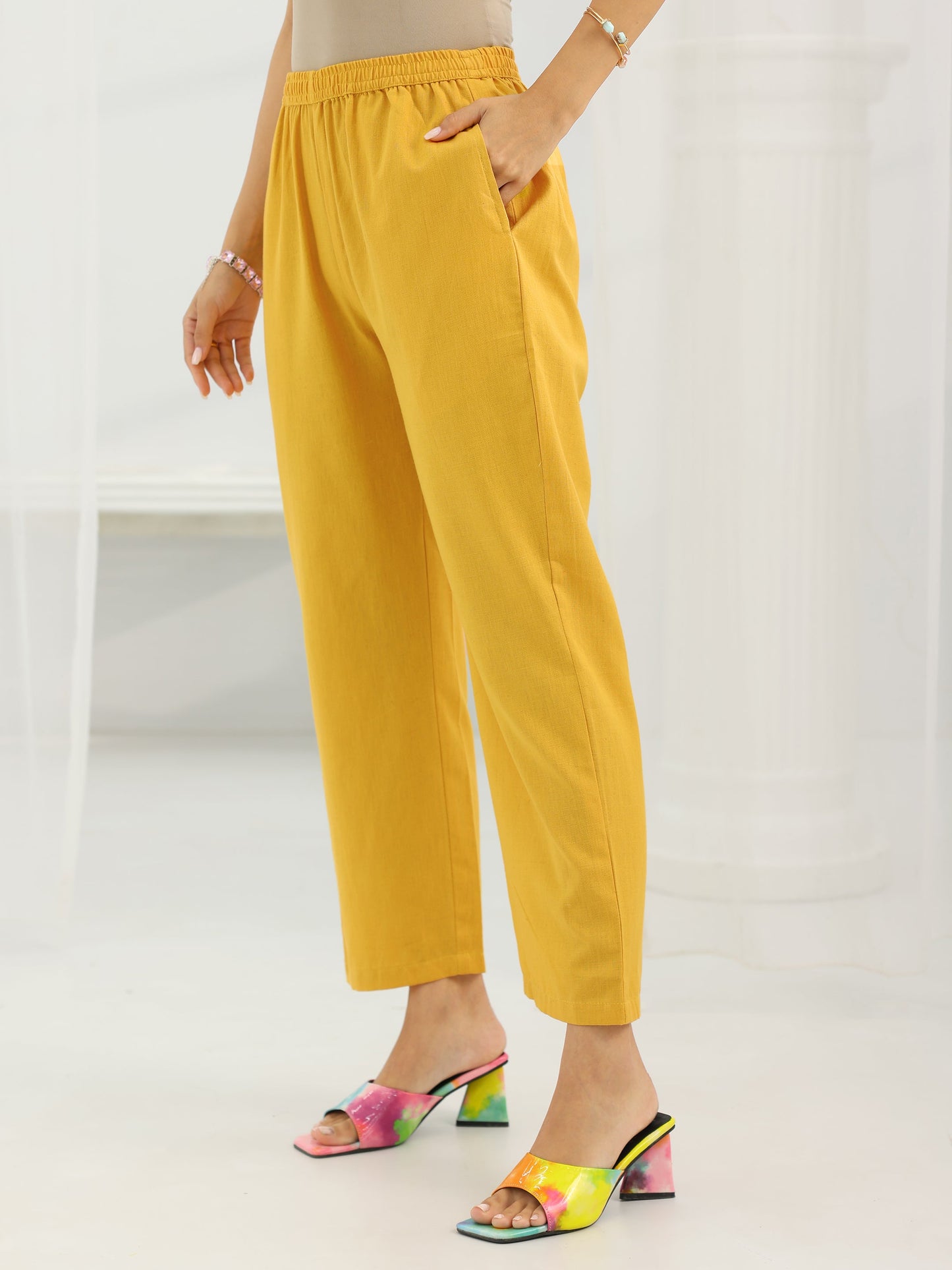 Mustard Yoke Design Cotton Straight Suit Set With Dupatta