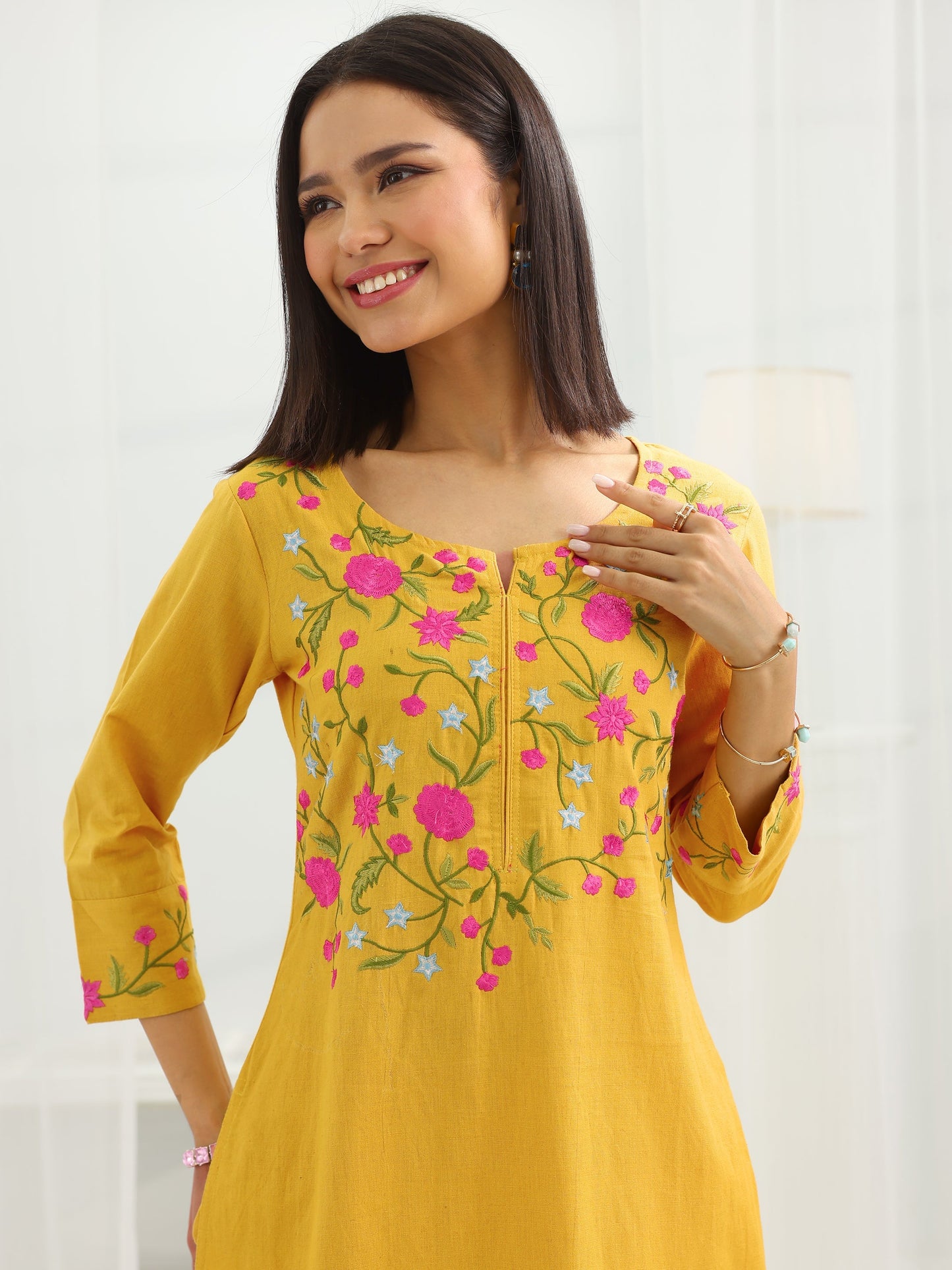 Mustard Yoke Design Cotton Straight Suit Set With Dupatta